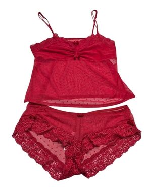 Vassarette Red Lace Sheer Polka Dot Cami Short Sleep Set Sz 8 Women's Intimates